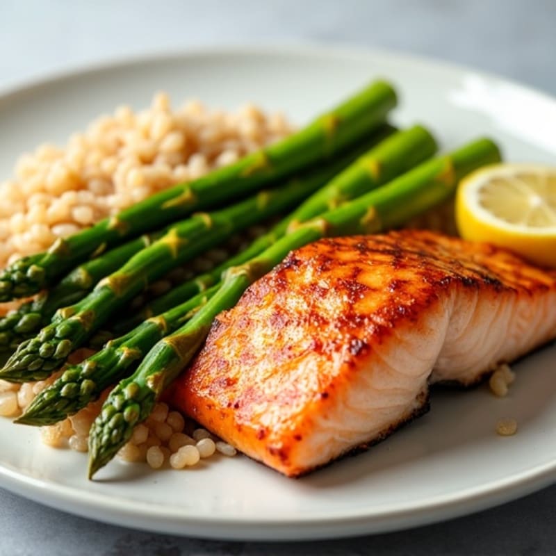 Seared Salmon Fillet with Steamed Asparagus and Brown Rice