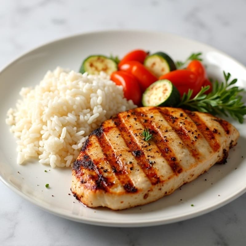 Grilled Chicken Breast with Steamed Rice and Roasted Vegetables