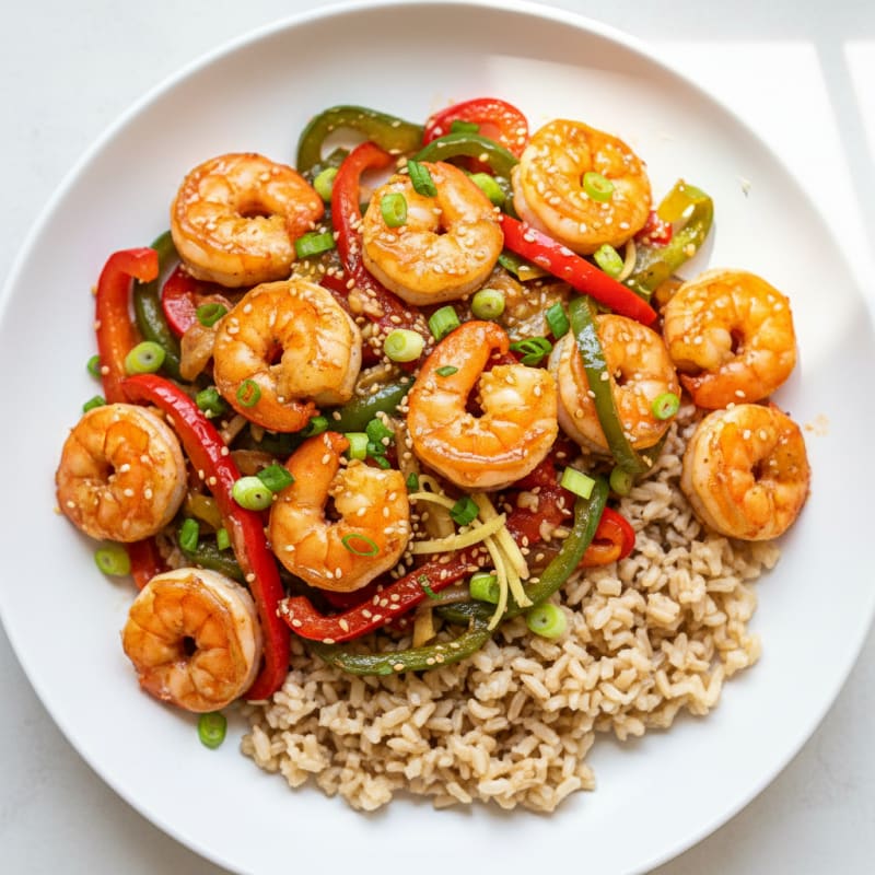 Garlic Shrimp Stir Fry with Bell Peppers and Brown Rice