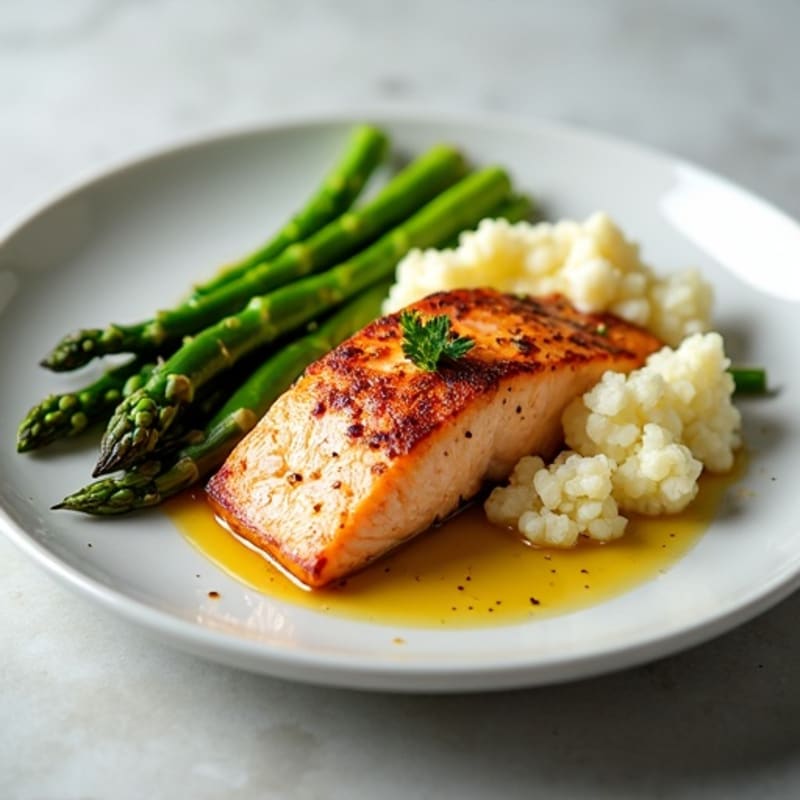 Seared Salmon with Steamed Asparagus and Garlic Mashed Cauliflower