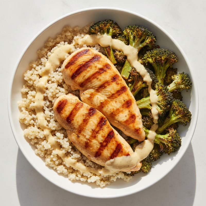 Grilled Chicken Quinoa Bowl with Roasted Broccoli and Lemon Tahini Drizzle