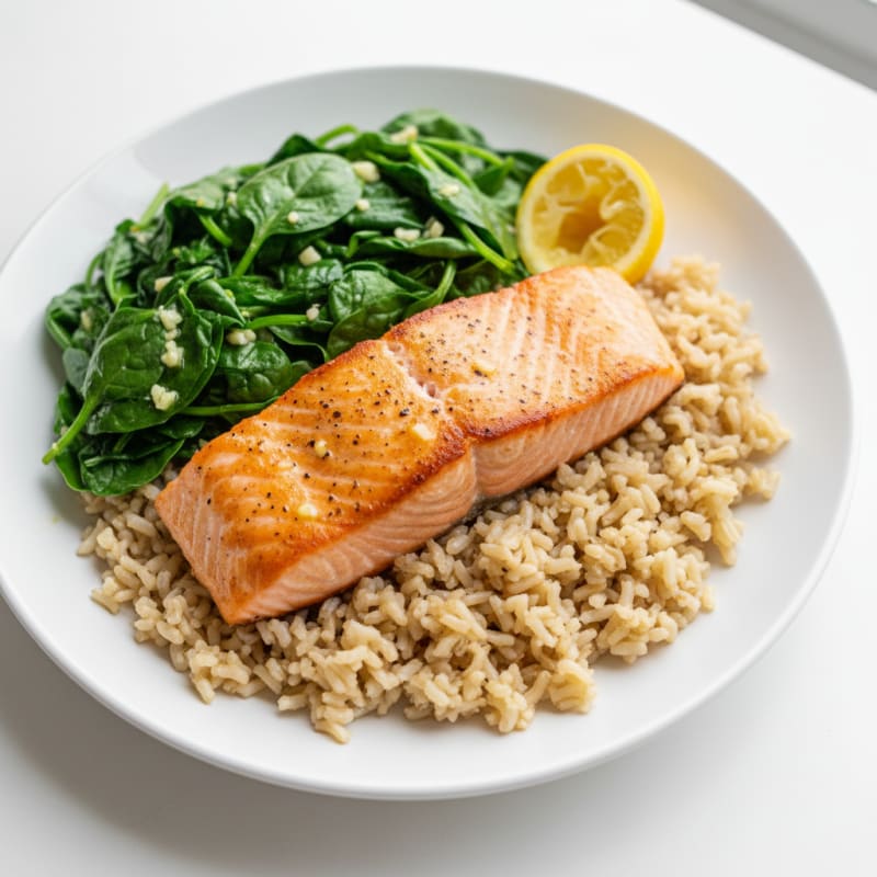Seared Salmon with Garlic Spinach and Brown Rice