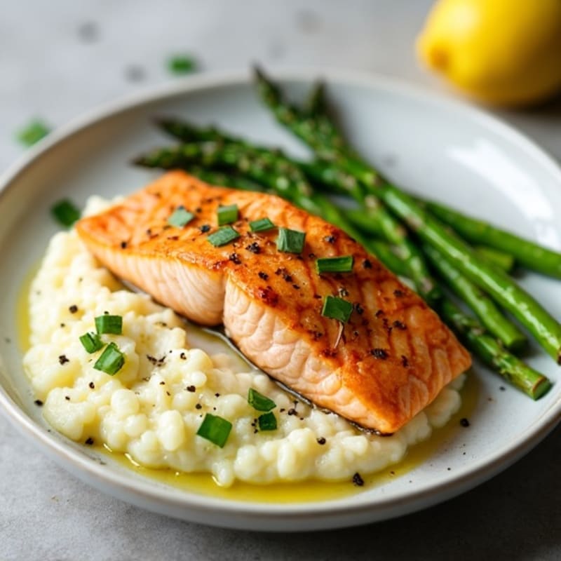 Seared Salmon with Steamed Asparagus and Garlic Cauliflower Mash