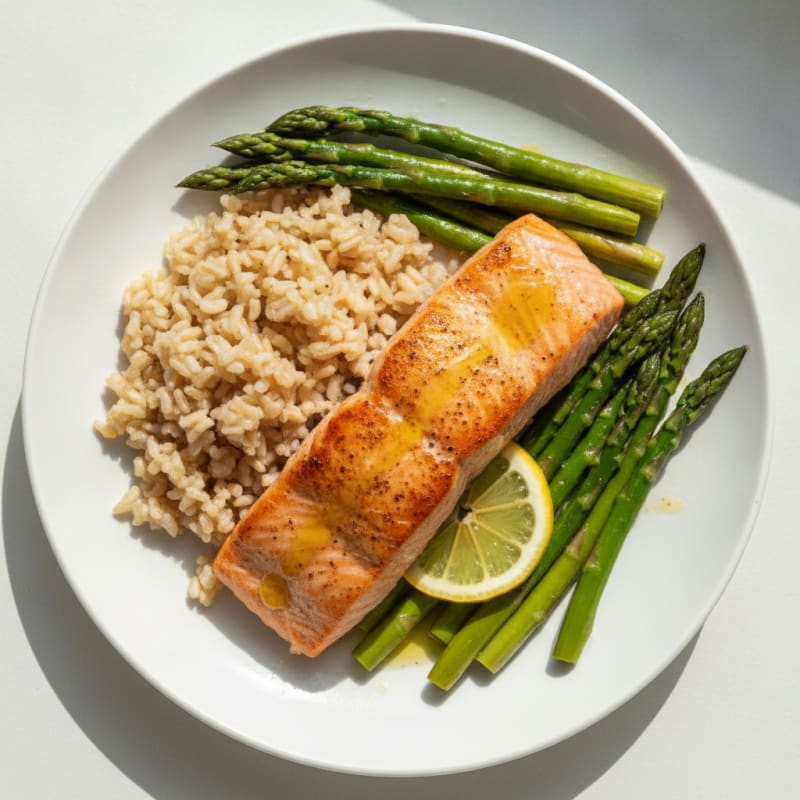 Seared Salmon with Steamed Asparagus and Brown Rice