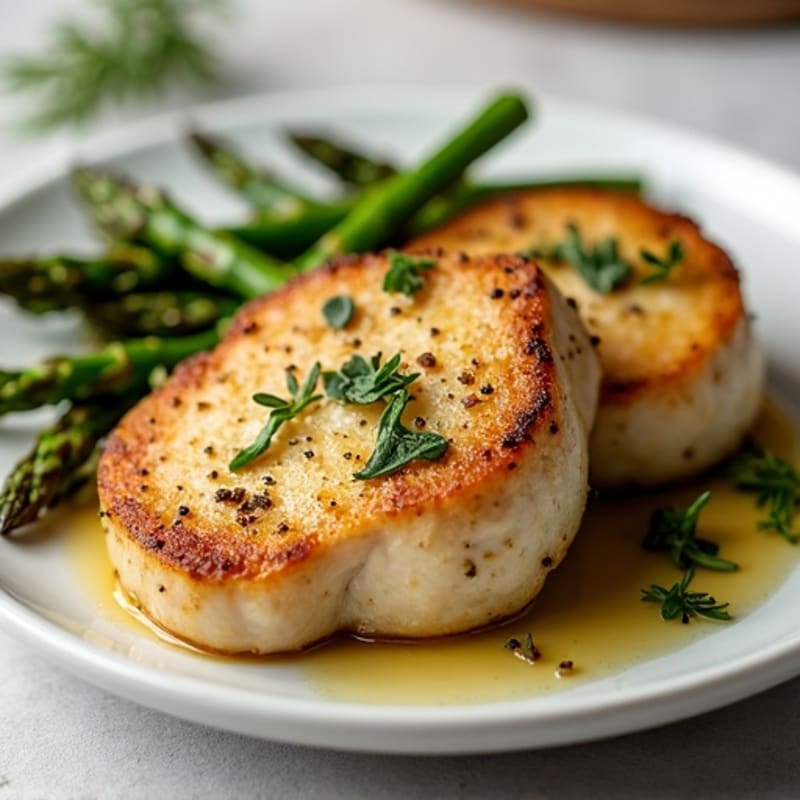 Garlic Herb Pan-Seared Pork Chops with Roasted Asparagus