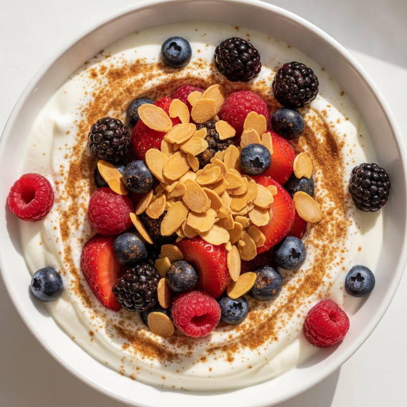 Greek Yogurt Protein Parfait with Mixed Berries and Almonds