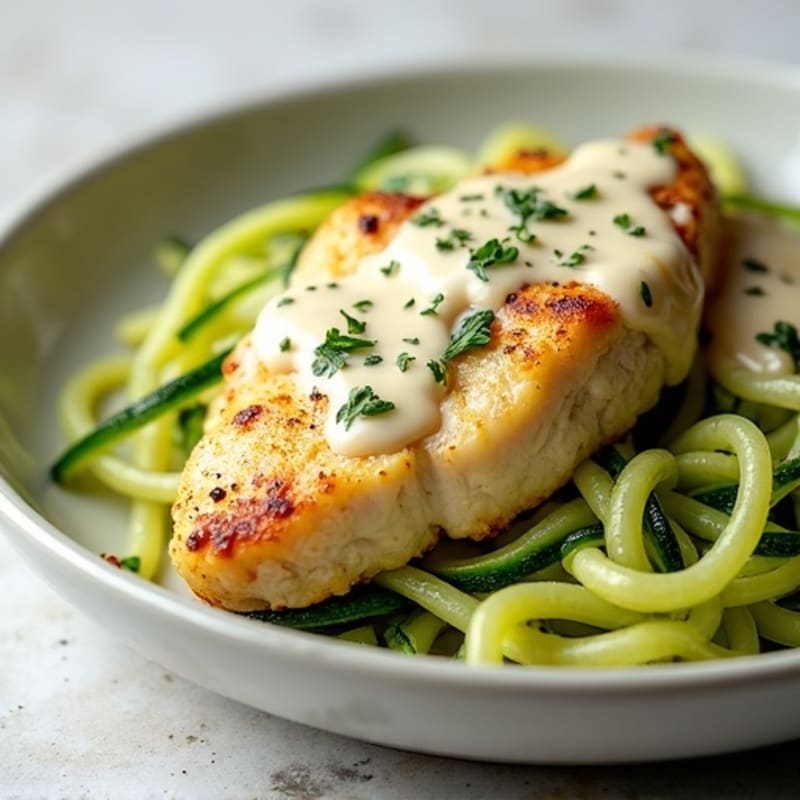 Creamy Cauliflower Alfredo Chicken with Zucchini Noodles
