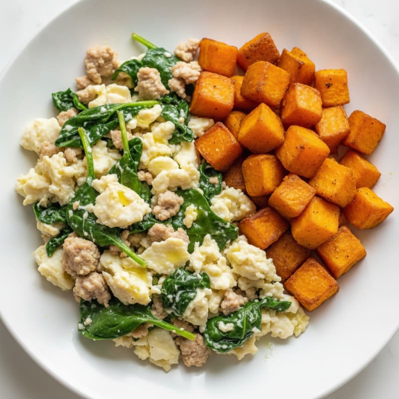 Egg White and Turkey Spinach Scramble with Roasted Sweet Potatoes