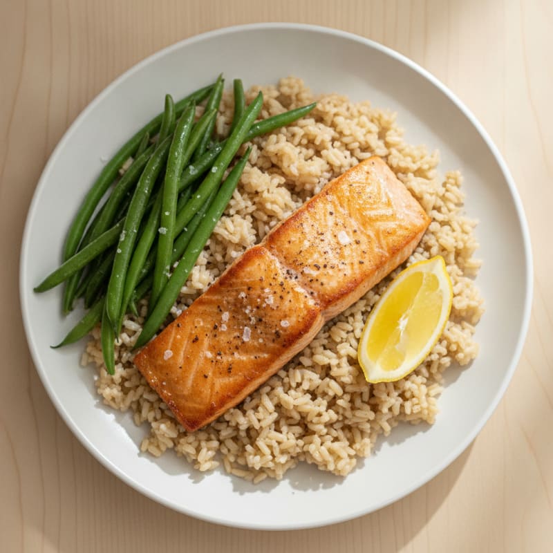 Seared Salmon Fillet with Steamed Green Beans and Brown Rice
