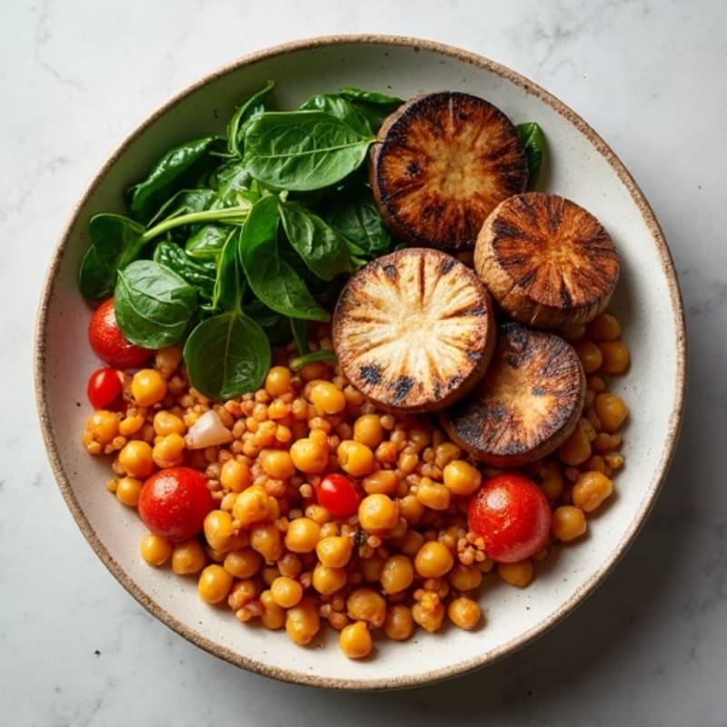 Lentil and Chickpea Stew with Spinach and Grilled Portobello