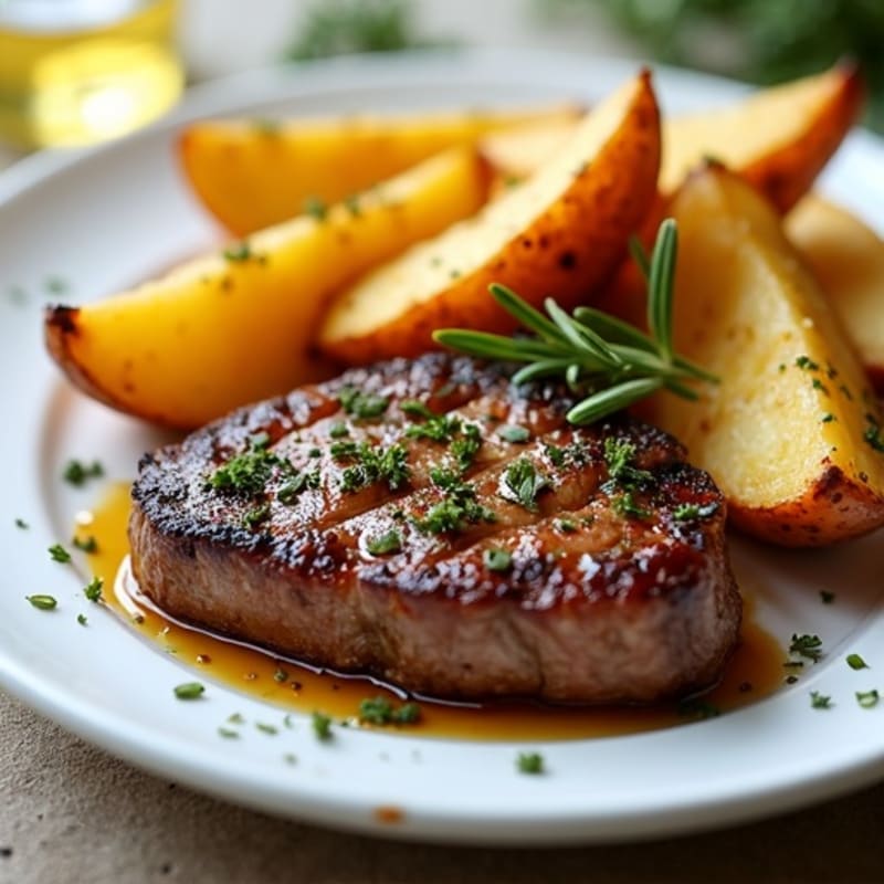 Pan-Seared Garlic Herb Steak with Crispy Roasted Potatoes