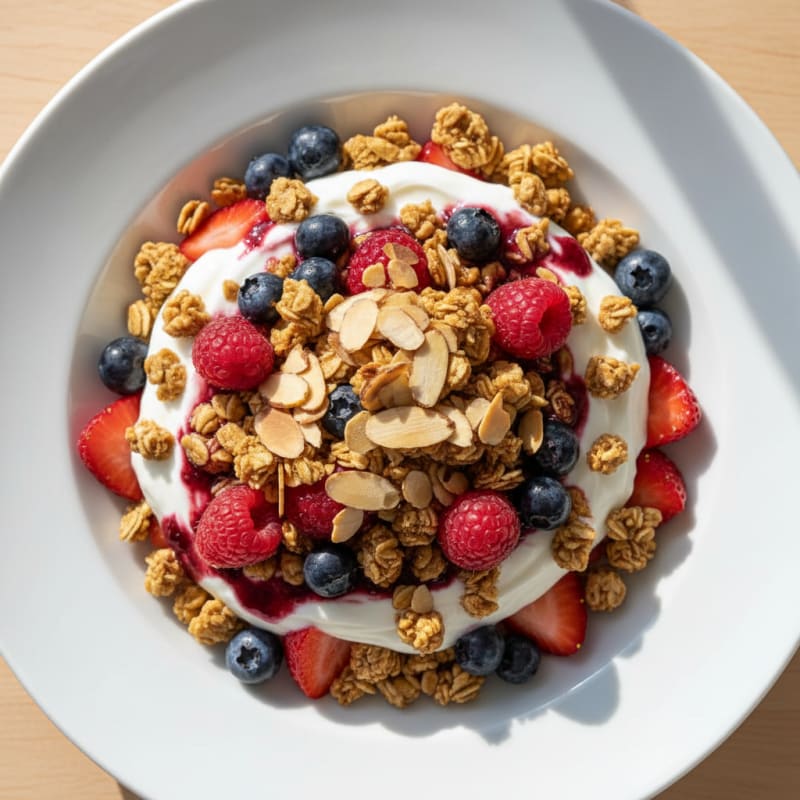 Greek Yogurt Parfait with Crunchy Almond Granola and Mixed Berries