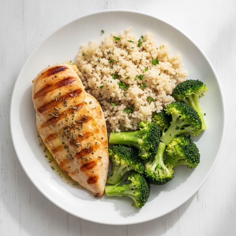 Grilled Chicken Breast with Steamed Broccoli and Quinoa