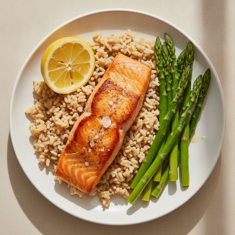 Seared Salmon with Steamed Asparagus and Brown Rice