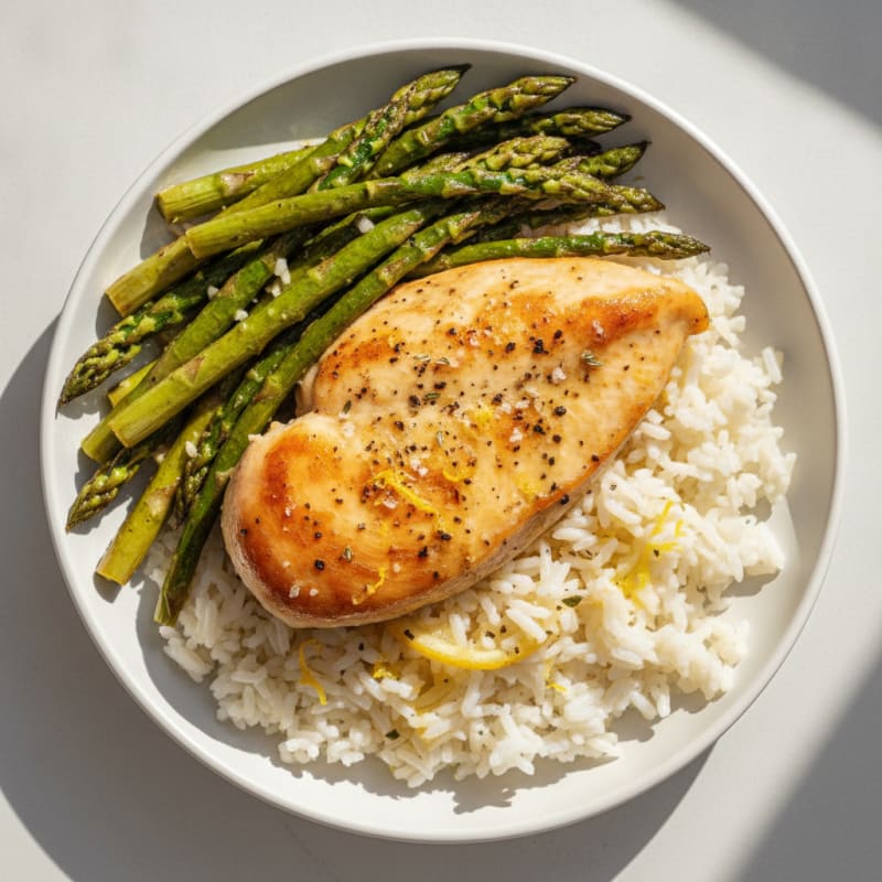 Lemon Herb Chicken with Roasted Asparagus and White Rice