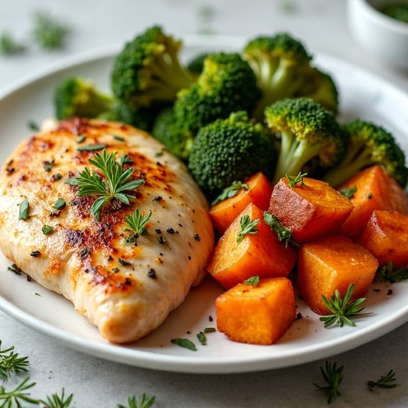 Lemon Herb Roasted Chicken with Crispy Broccoli and Sweet Potatoes