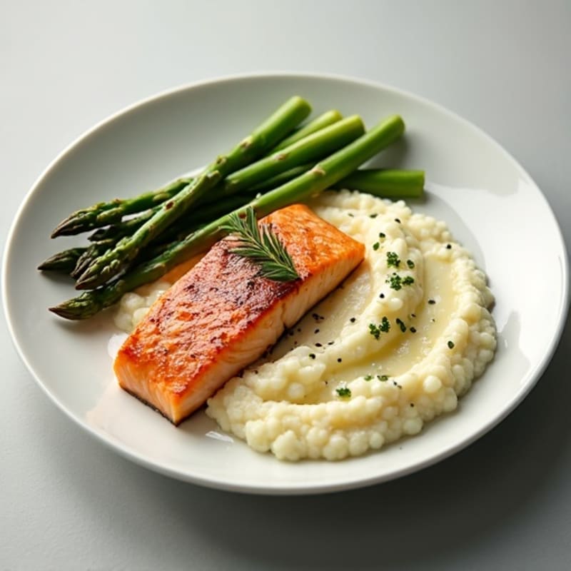 Seared Salmon with Steamed Asparagus and Cauliflower Mash