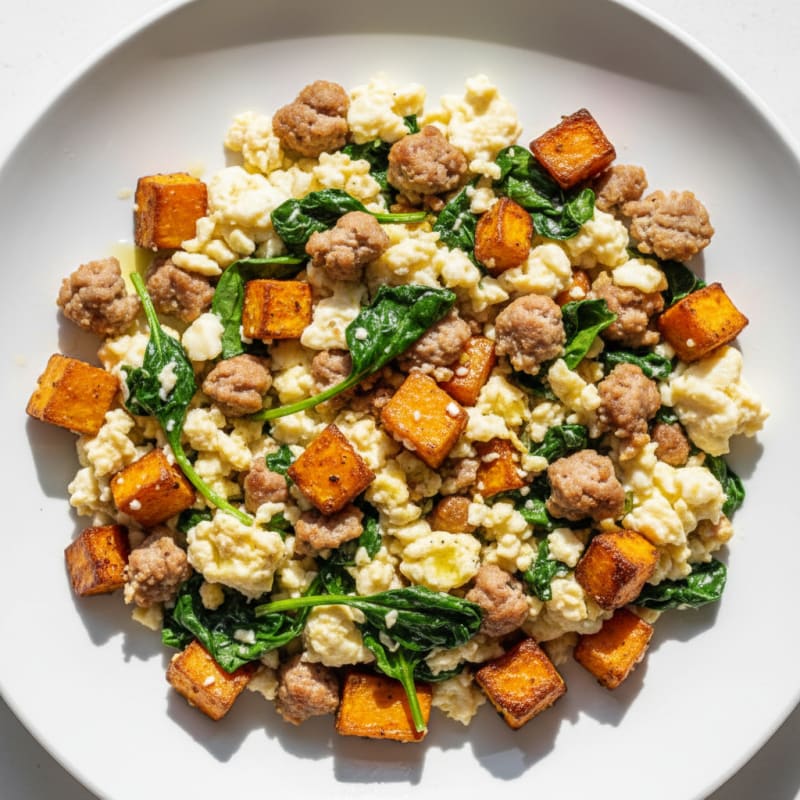 Egg White and Turkey Sausage Scramble with Spinach and Roasted Sweet Potato