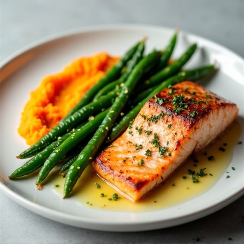 Seared Salmon with Garlic Green Beans and Sweet Potato Mash