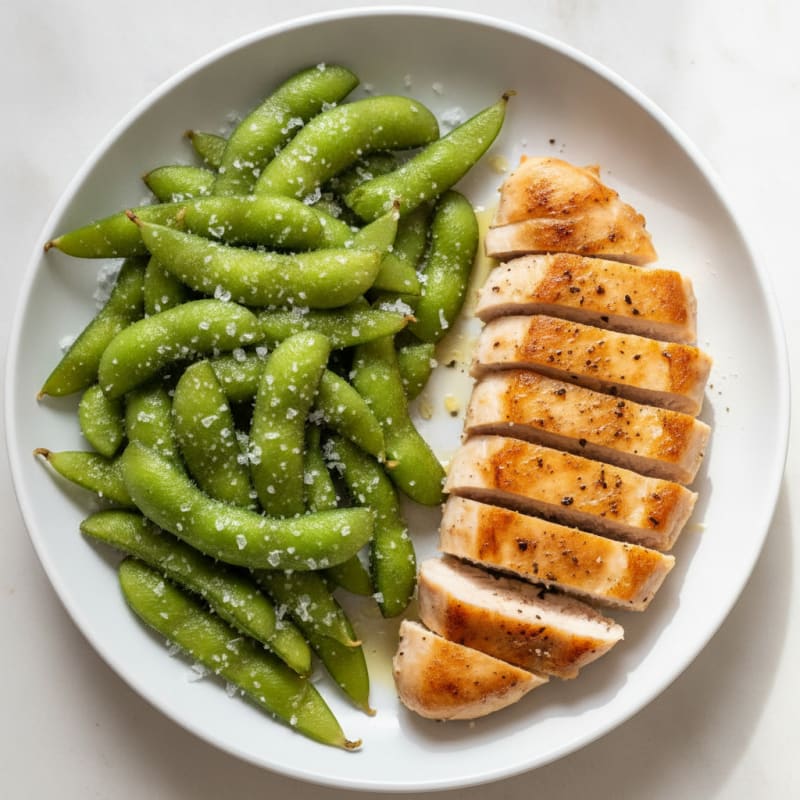 Simple Salted Edamame Pods with Pan-Seared Chicken