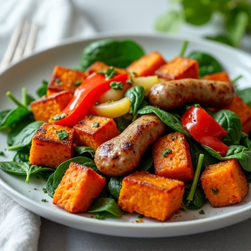 Crispy Sweet Potato Breakfast Skillet with Lean Turkey Sausage and Fresh Spinach