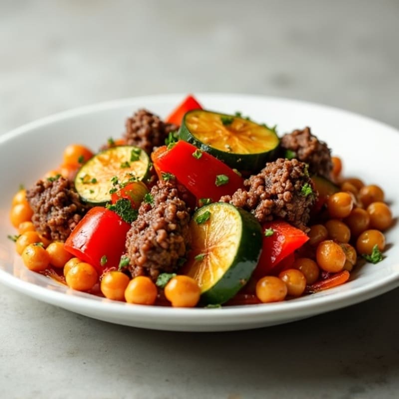 Lean Ground Beef and Crispy Roasted Vegetable Skillet