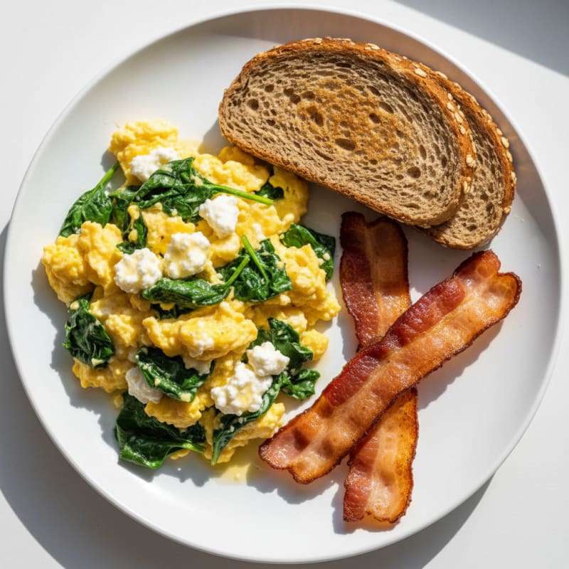 Cottage Cheese Scramble with Spinach and Turkey Bacon