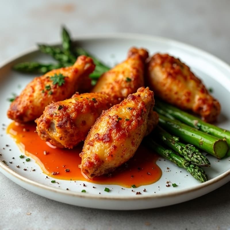 Crispy Baked Spicy BBQ Chicken Wings with Roasted Asparagus