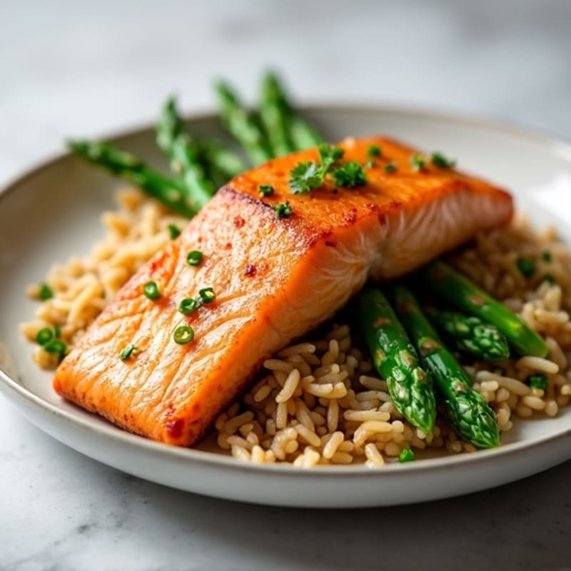 Seared Salmon with Steamed Asparagus and Brown Rice