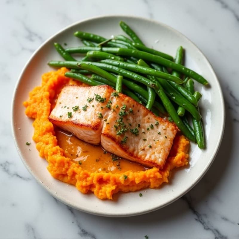 Seared Salmon Fillet with Garlic Green Beans and Sweet Potato Mash