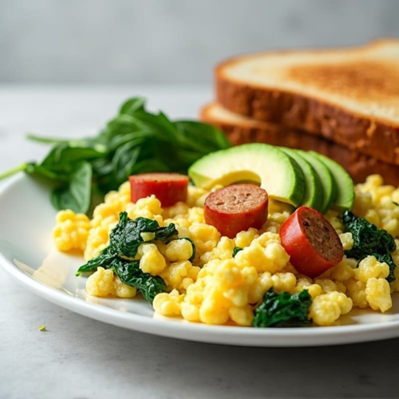 Egg White Scramble with Turkey Sausage and Sautéed Spinach