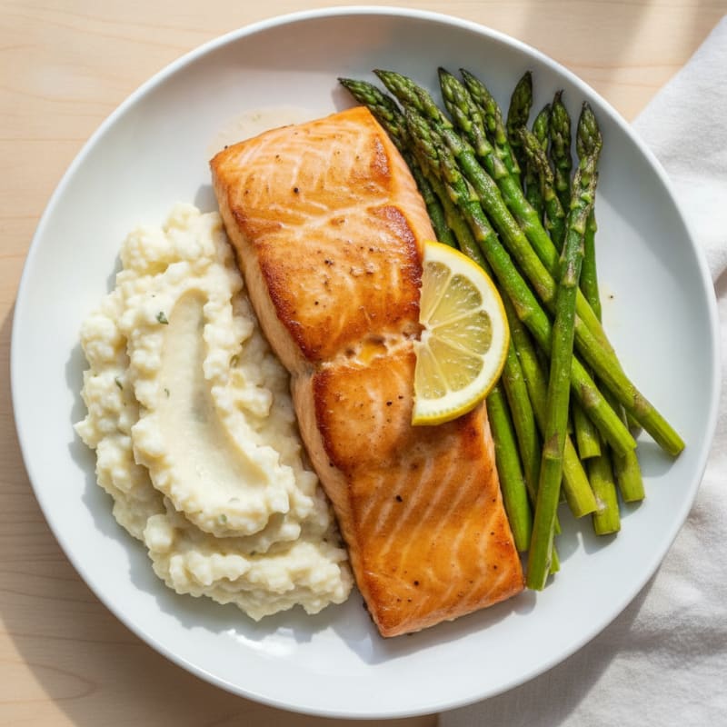 Seared Salmon with Roasted Asparagus and Cauliflower Mash