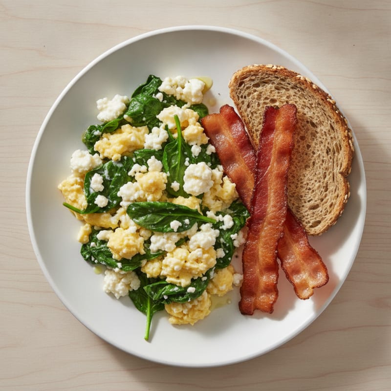 Cottage Cheese Egg Scramble with Spinach and Turkey Bacon