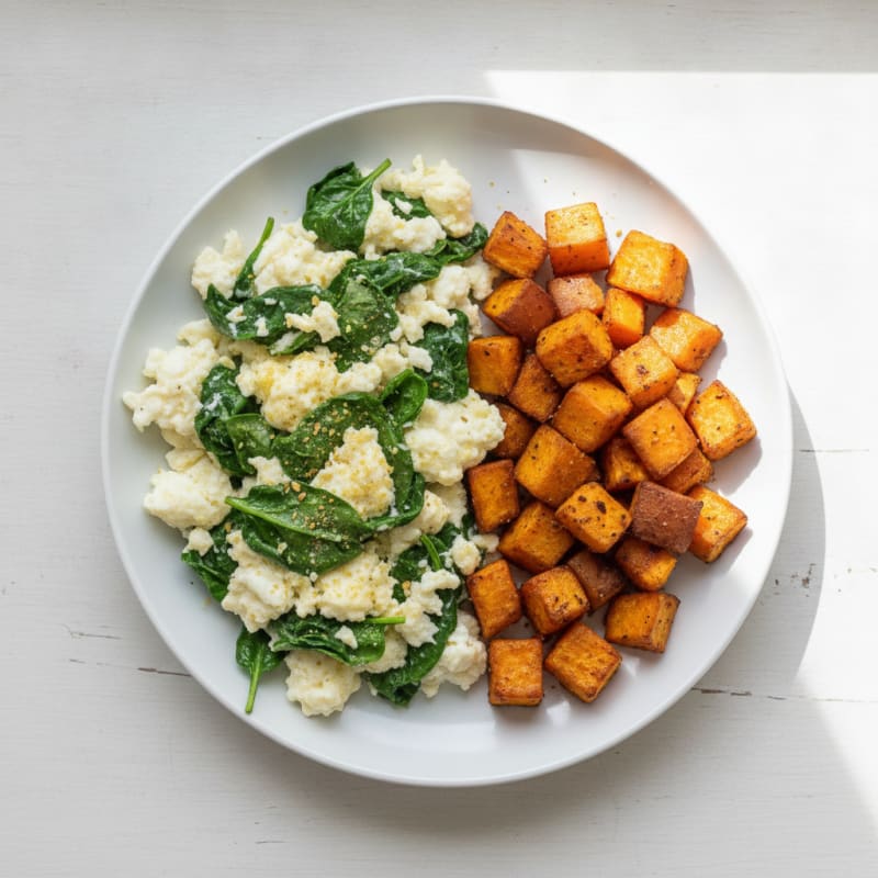Egg White and Spinach Scramble with Roasted Sweet Potatoes