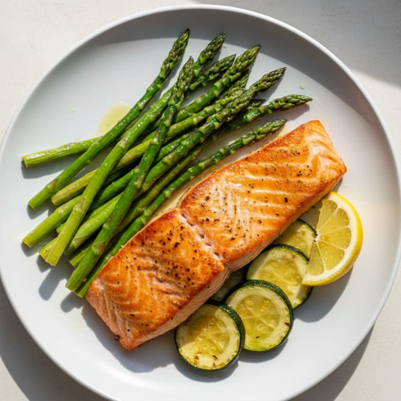 Seared Salmon Fillet with Roasted Asparagus and Zucchini