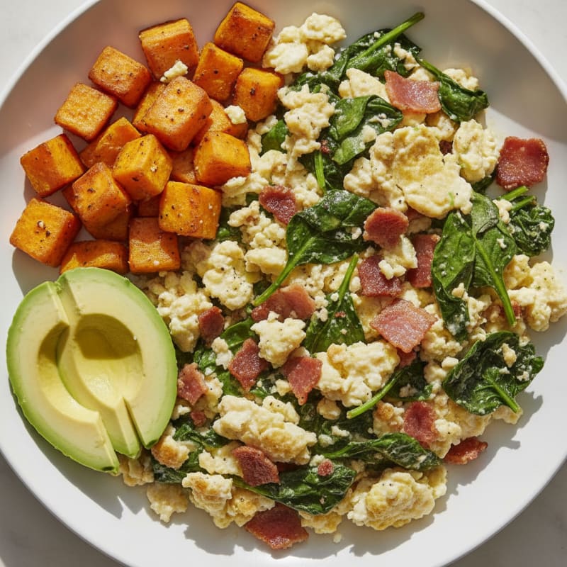 Crispy Turkey Bacon Egg White Scramble with Sautéed Spinach and Sweet Potato