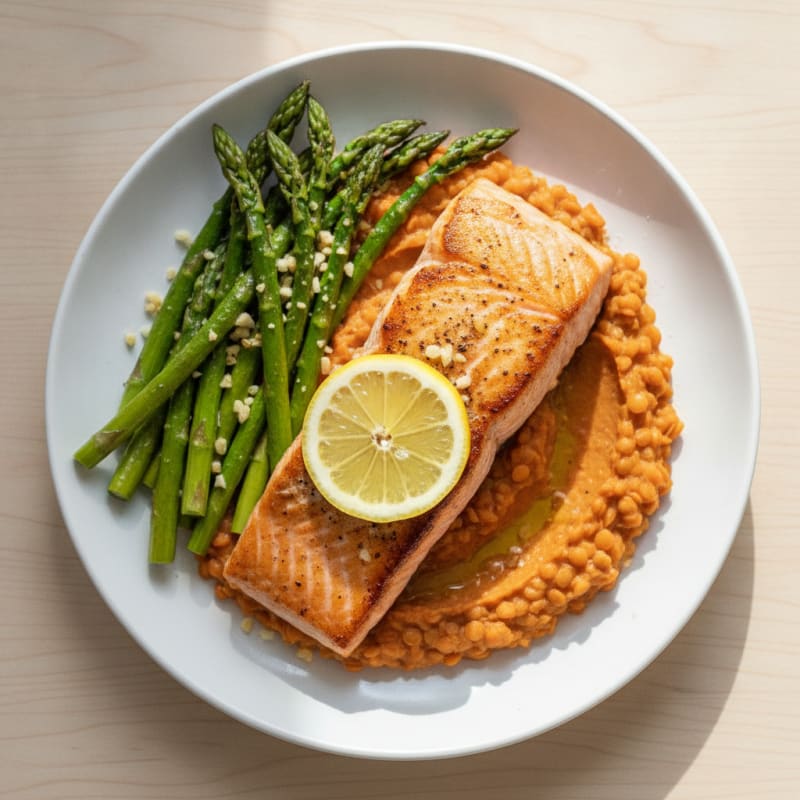 Seared Salmon Fillet with Roasted Asparagus and Lentil Mash