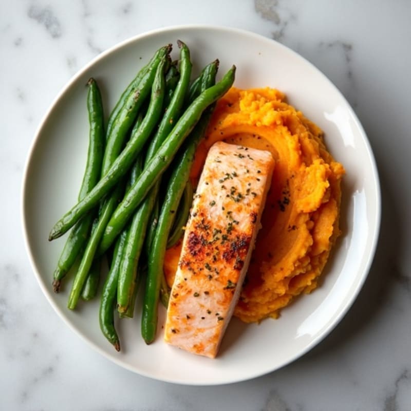 Seared Salmon with Garlic Green Beans and Sweet Potato Mash