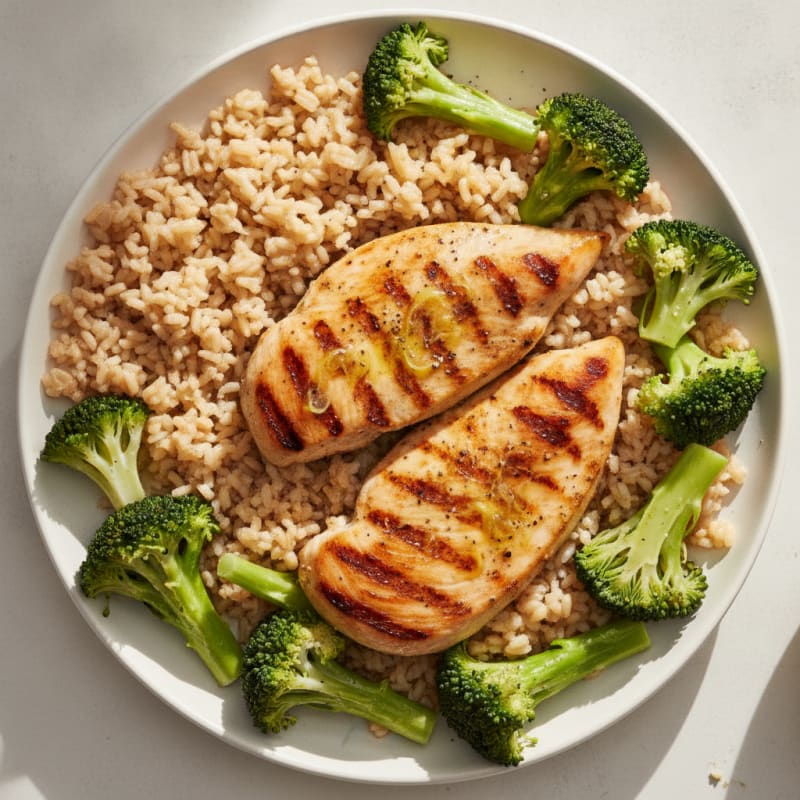 Grilled Chicken Breast with Brown Rice and Steamed Broccoli