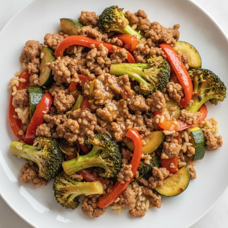 Ground Beef and Roasted Vegetable Stir-Fry