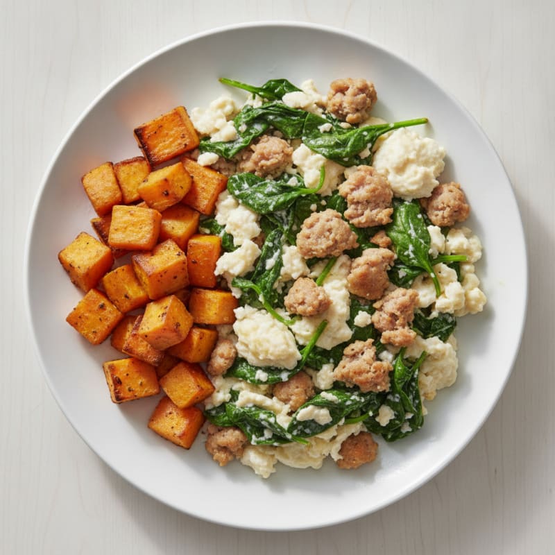 Egg White and Turkey Sausage Scramble with Spinach and Roasted Sweet Potato
