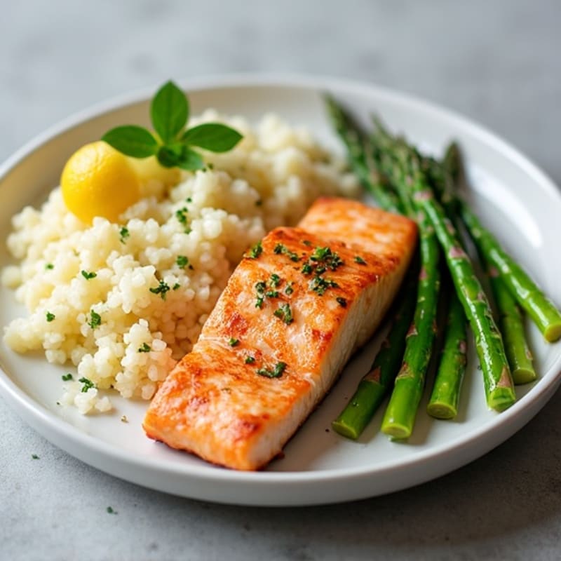 Seared Salmon with Steamed Asparagus and Cauliflower Rice
