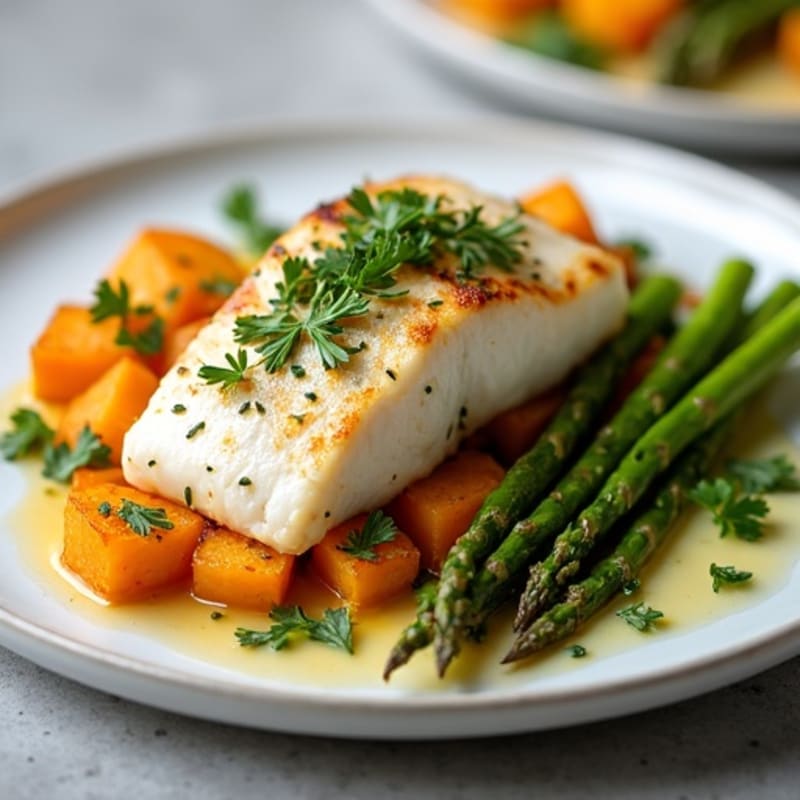 Seared White Fish with Herb-Roasted Sweet Potatoes and Asparagus