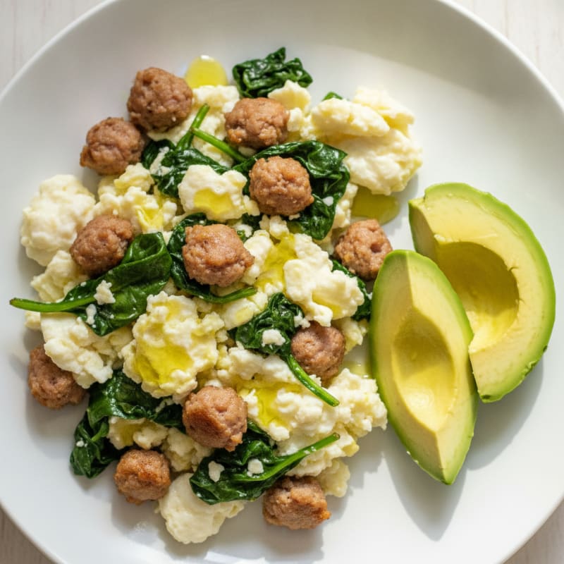 Scrambled Egg Whites with Turkey Sausage and Sautéed Spinach
