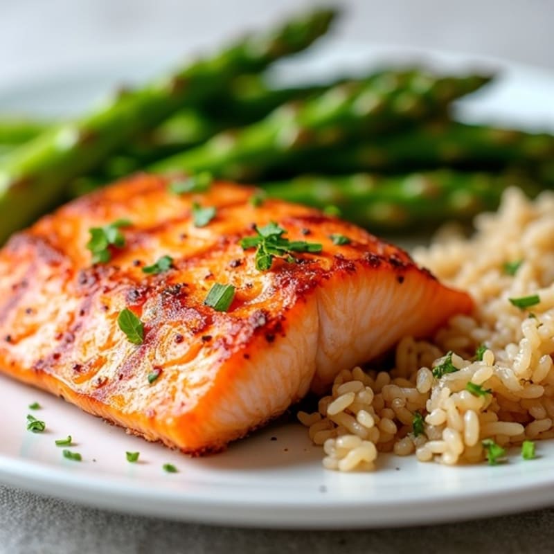 Seared Salmon with Steamed Asparagus and Brown Rice