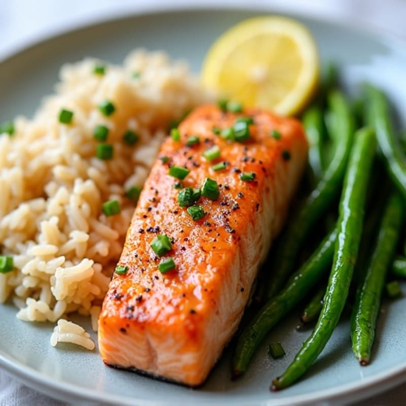 Seared Salmon Fillet with Garlic Green Beans and Brown Rice