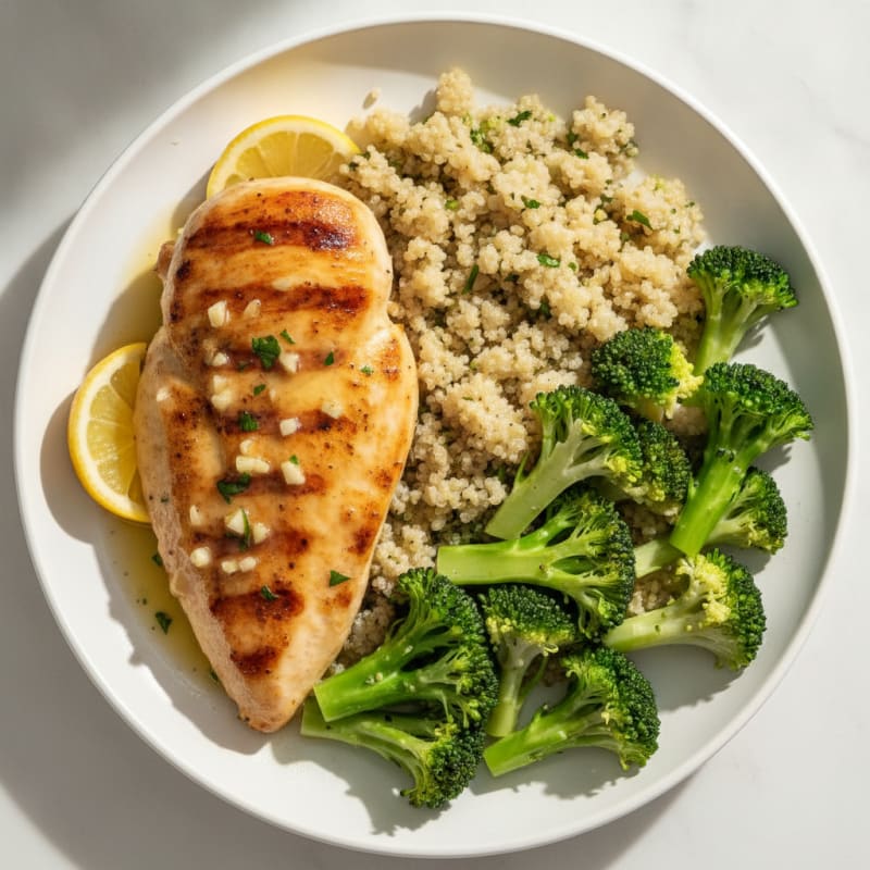 Grilled Lemon-Garlic Chicken Breast with Quinoa and Steamed Broccoli