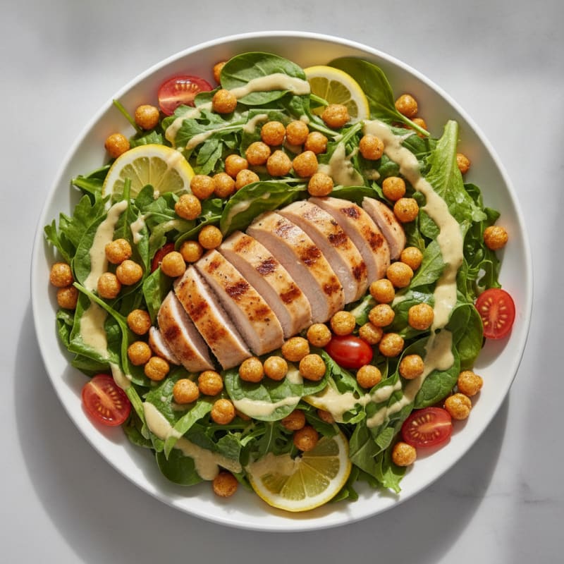 Grilled Chicken Breast Salad with Crispy Chickpeas and Lemon-Tahini Dressing