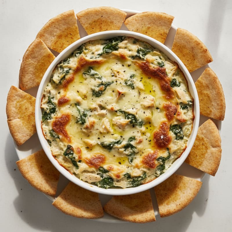 Baked Spinach Artichoke Dip with Toasted Pita