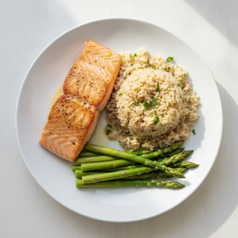 Seared Salmon Fillet with Steamed Asparagus and Herbed Brown Rice